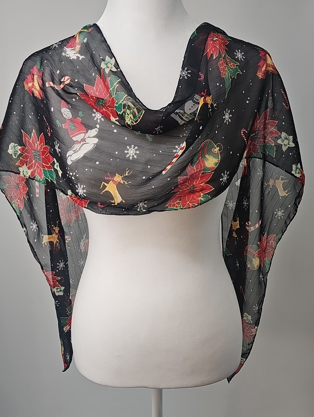 Festive Black Sheer Scarf w Red Poinsettias & Winter Holiday Icons Fun Festive